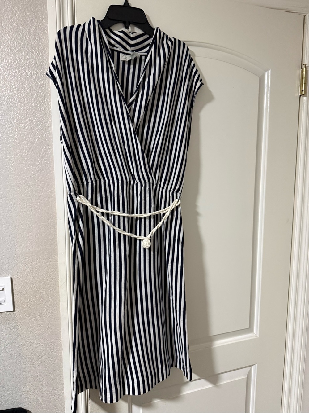 Anthropologie Navy and White Striped Wrap Midi Dress with Rope Belt